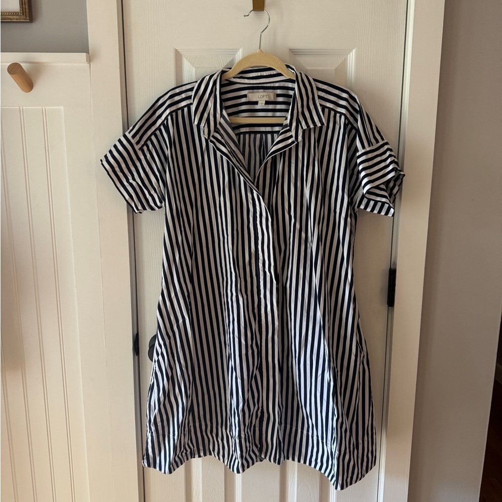 LOFT Navy and White Striped Shirtdress